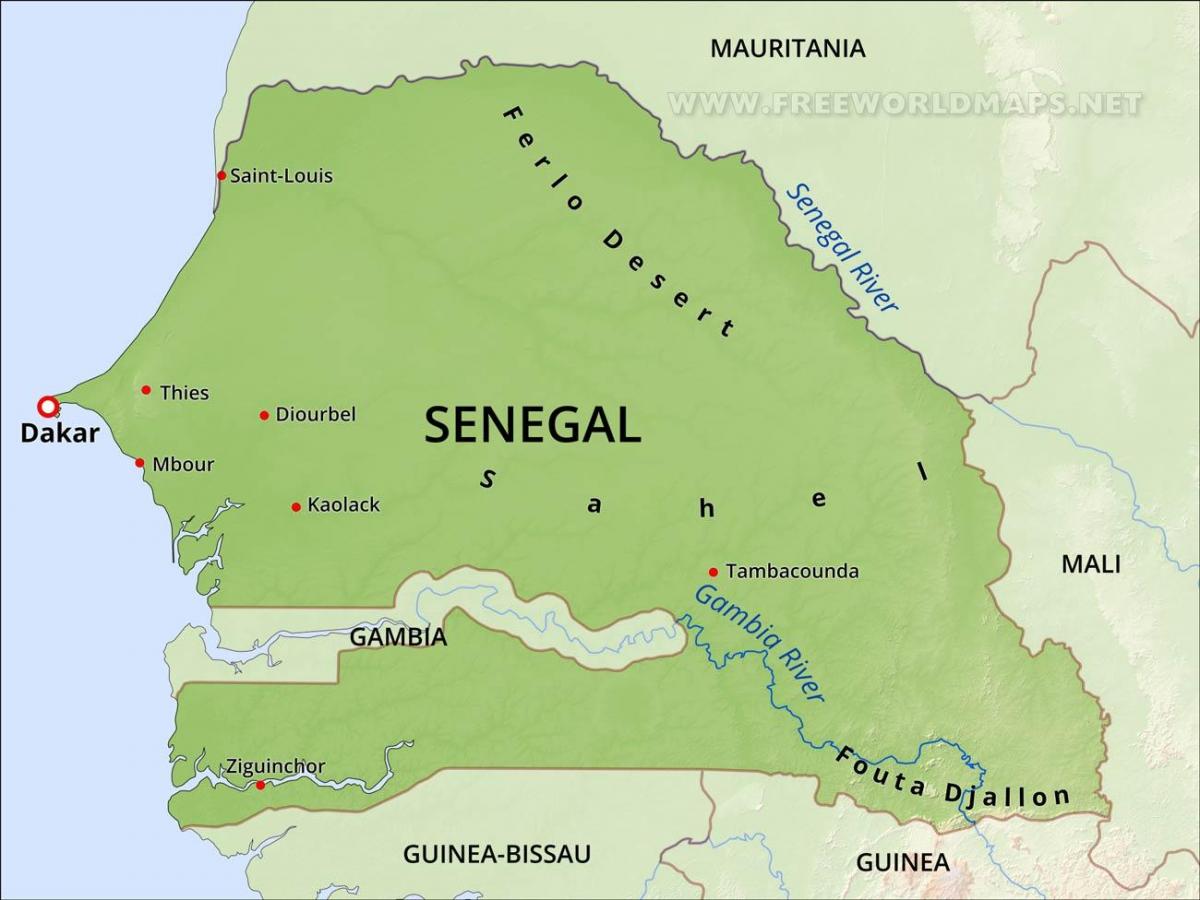 karta över fysiska karta över Senegal