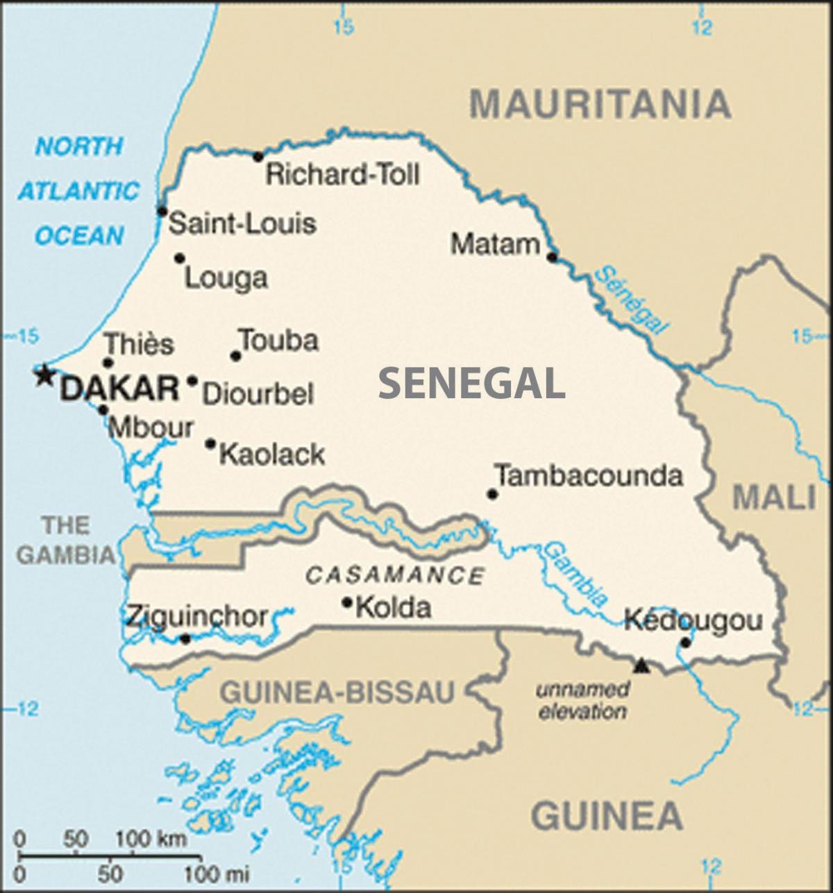 karta över Senegal och omgivande länder