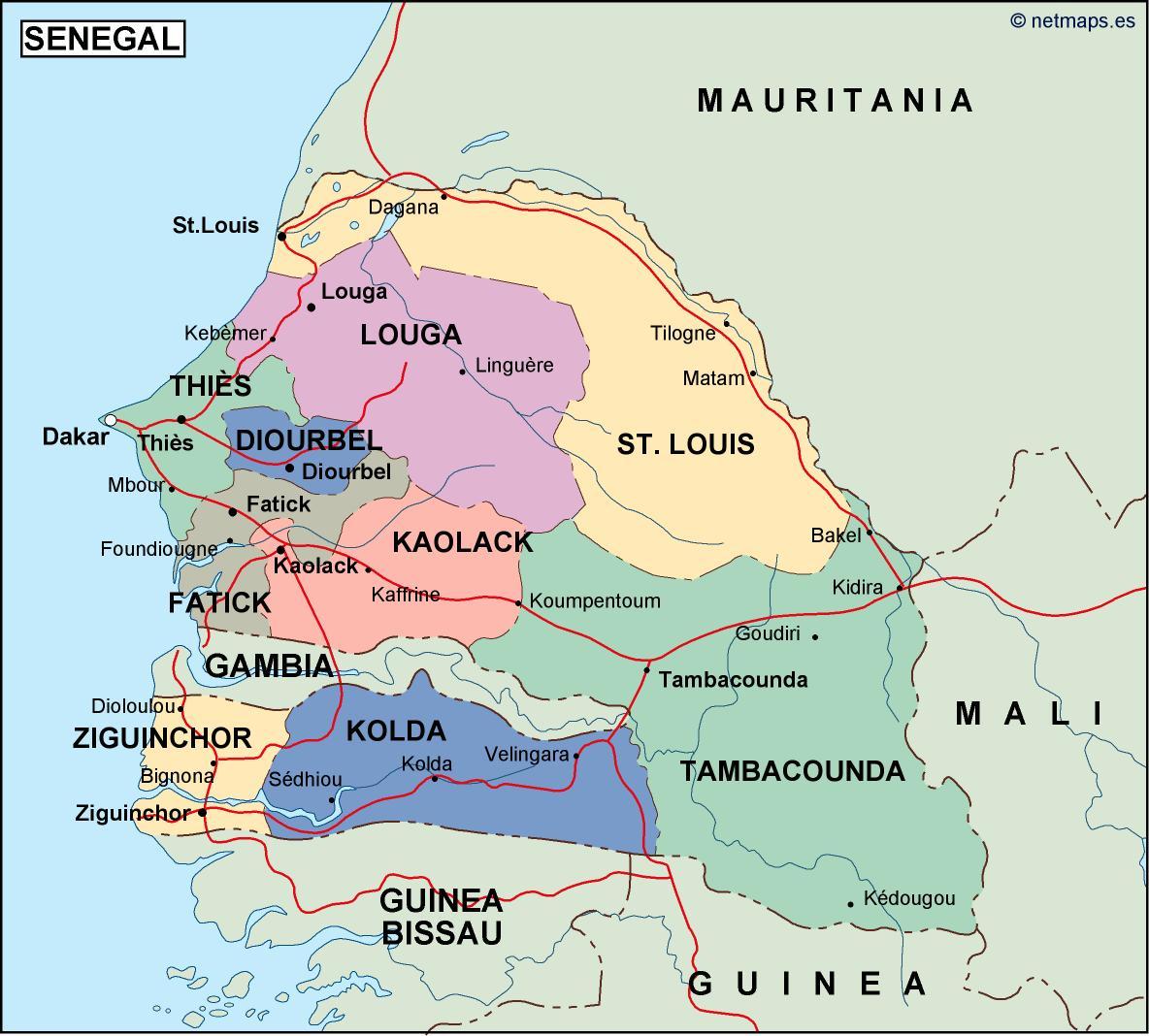 Senegal land karta - Karta över landet Senegal i Västra Afrika - Afrika)